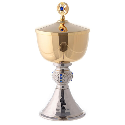 Chalice and pyx with hammered silver base and cast knot decorated with blue stones 3