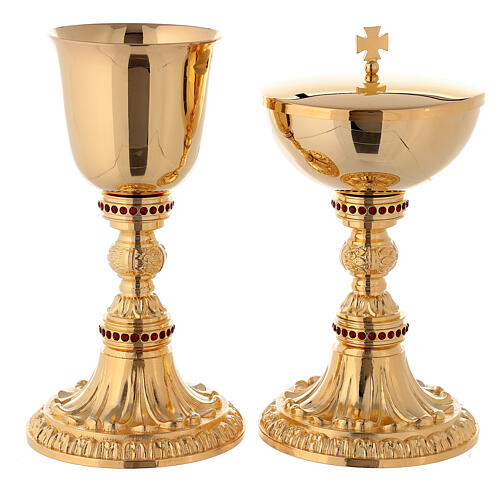 Brass chalice and pyx with red stones 1