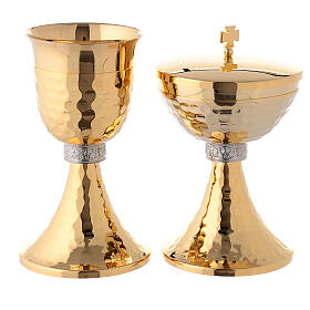 Brass chalice and ciborium with grapes and hammered base