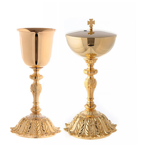 Gold plated brass chalice and ciborium with flower on the base 1