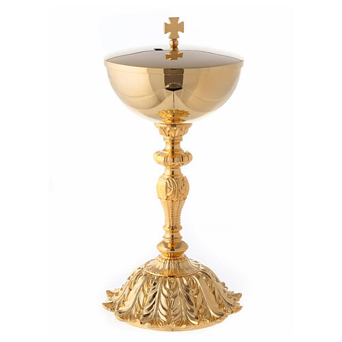 Gold plated brass chalice and ciborium with flower on the base 4