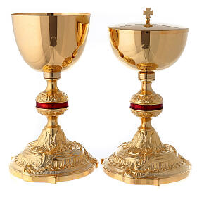 Goblet and pyx in gold-plated brass and red enamel knot