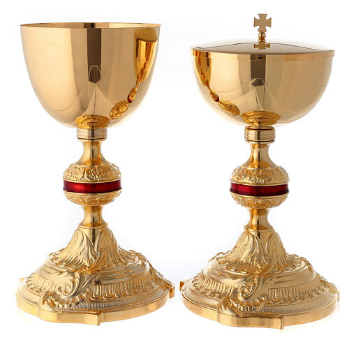 Goblet and pyx in gold-plated brass and red enamel knot 1
