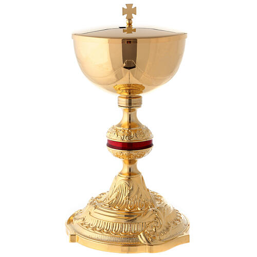 Goblet and pyx in gold-plated brass and red enamel knot 3