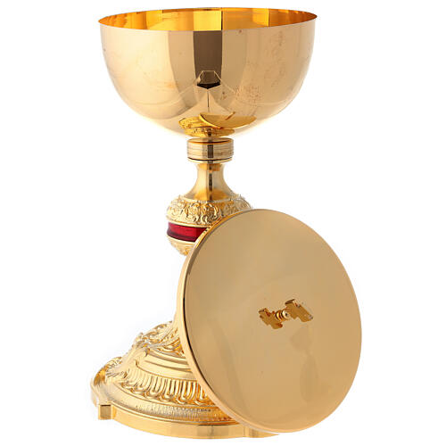 Goblet and pyx in gold-plated brass and red enamel knot 7