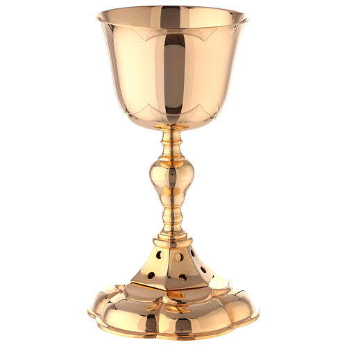 Set of Chalice and Paten turned polished gold plated brass 8 3/4 in 4