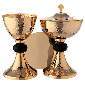 Hammered gold plated set of chalice ciborium and paten with black node