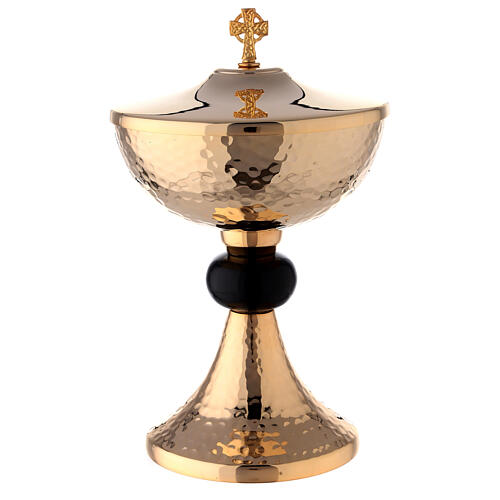 Hammered gold plated set of chalice ciborium and paten with black node 5