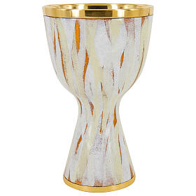 Kelch aus vergoldetem Messing mit Emailarbeit in hellen Tönen, Cuppa aus vergoldetem Silber, 18,5 cm hoch
