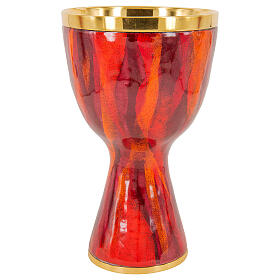 Kelch aus vergoldetem Messing mit Emailarbeit in Rot-Tönen, Cuppa aus vergoldetem Silber, 18,5 cm hoch
