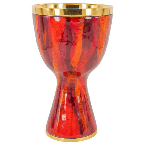Kelch aus vergoldetem Messing mit Emailarbeit in Rot-Tönen, Cuppa aus vergoldetem Silber, 18,5 cm hoch 1