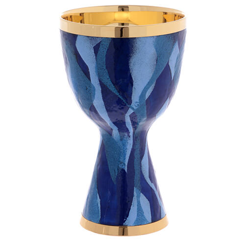 Kelch aus vergoldetem Messing mit Emailarbeit in Blau-Tönen, Cuppa aus vergoldetem Silber, 18,5 cm hoch 1