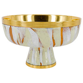 Low ciborium of gold plated brass and white enamel lid with cross