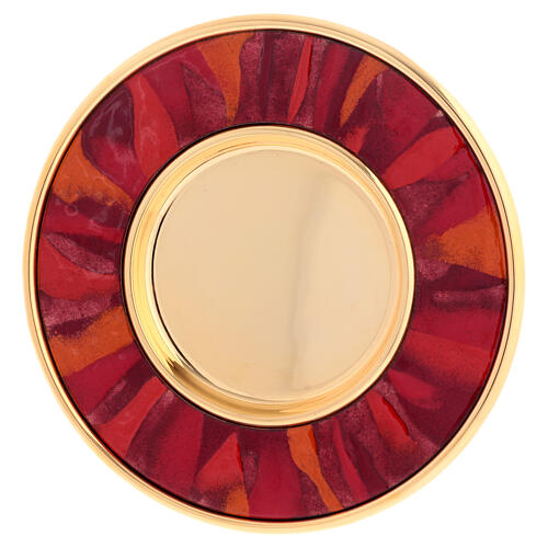 Patene aus vergoldetem Messing mit Emailarbeit in Rot-Tönen, 16 cm Durchmesser 1
