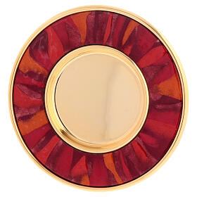 Gold plated brass paten with red and orange enamel 16 cm