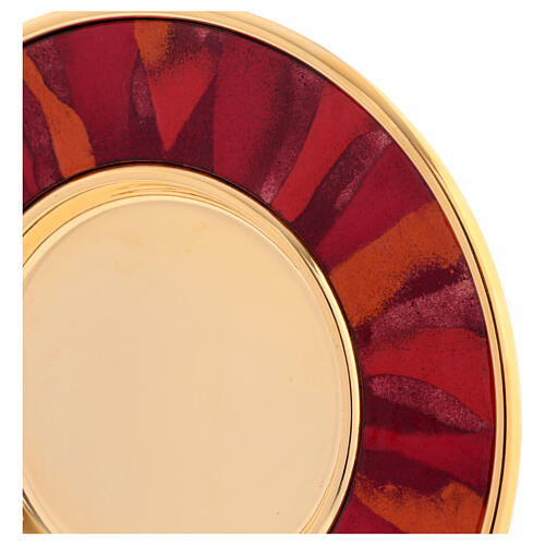 Gold plated brass paten with red and orange enamel 16 cm 2