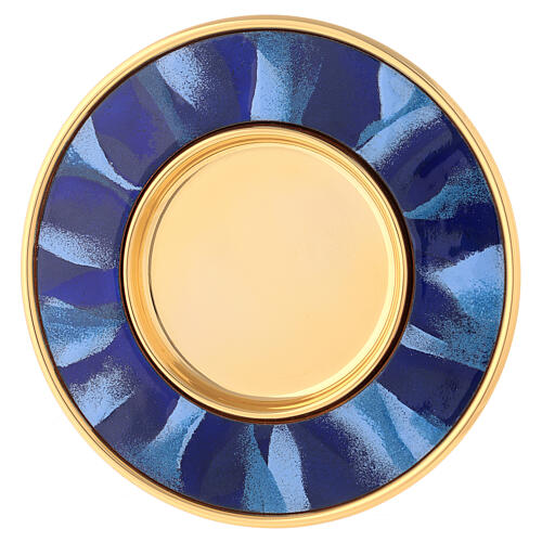 Patene aus vergoldetem Messing mit Emailarbeit in Blau-Tönen, 16 cm Durchmesser 1