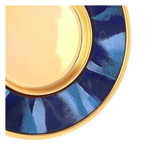 Patene aus vergoldetem Messing mit Emailarbeit in Blau-Tönen, 16 cm Durchmesser 2
