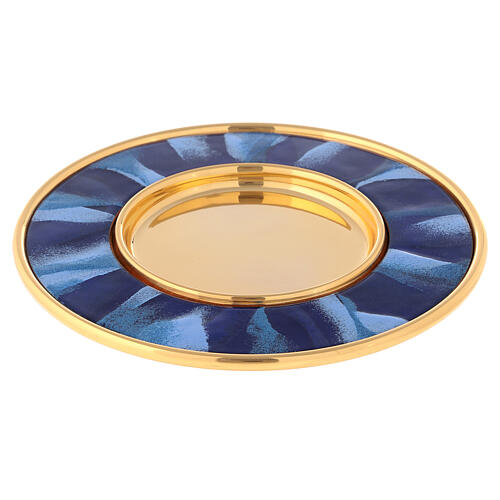 Gold plated brass paten with blue enamel 16 cm 3