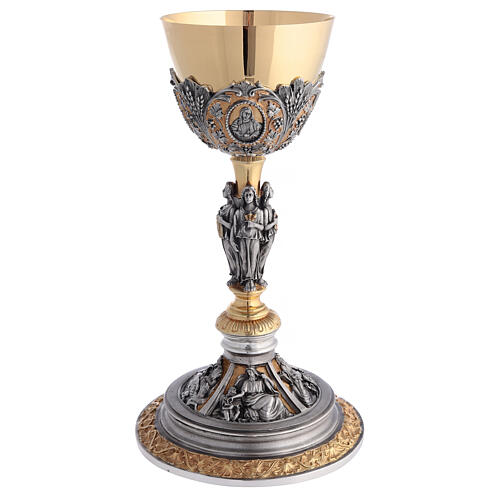 Cálice para celebração eucarística Sagrado Coração e Evangelistas latão ouro e prata 1