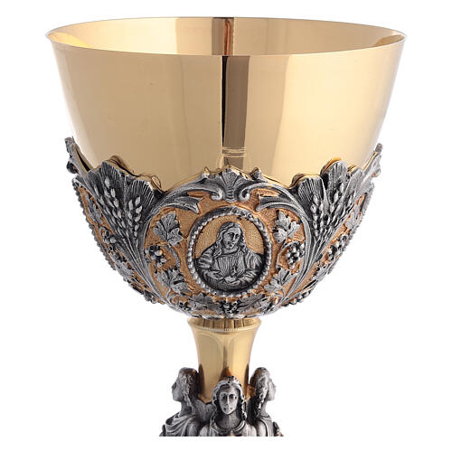 Cálice para celebração eucarística Sagrado Coração e Evangelistas latão ouro e prata 2