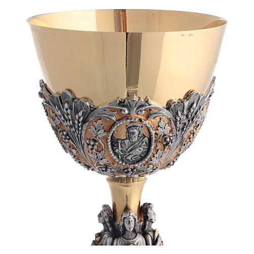 Cálice para celebração eucarística Sagrado Coração e Evangelistas latão ouro e prata 4