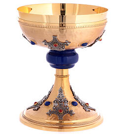 Cálice bicolor com pedras latão dourado nó central azul