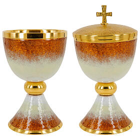 White and orange enamelled chalice ciborium and patens gold plated brass