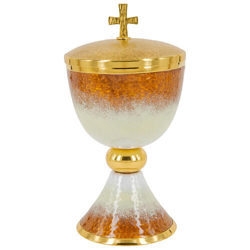 White and orange enamelled chalice ciborium and patens gold plated brass 3