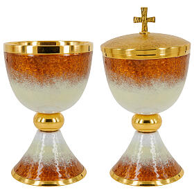 Gold plated brass chalice ciborium and paten with white and orange enamel