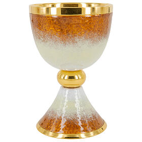 Gold plated brass chalice ciborium and paten with white and orange enamel