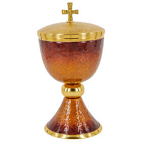 Red and orange enamelled chalice ciborium and paten gold plated brass