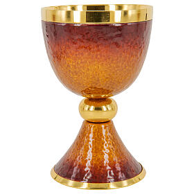Red and orange enamelled chalice ciborium and paten gold plated brass