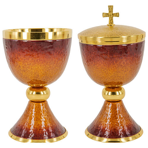 Red and orange enamelled chalice ciborium and paten gold plated brass 3