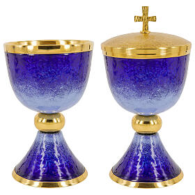 Blue and light blue enamelled chalice ciborium and paten gold plated brass