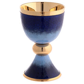Blue and light blue enamelled chalice ciborium and paten gold plated brass