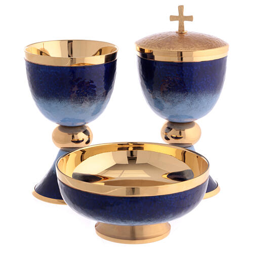 Blue and light blue enamelled chalice ciborium and paten gold plated brass 1