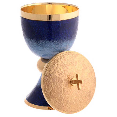 Blue and light blue enamelled chalice ciborium and paten gold plated brass 3