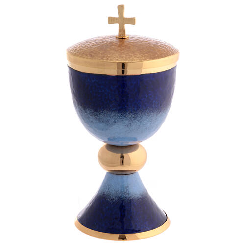Blue and light blue enamelled chalice ciborium and paten gold plated brass 4