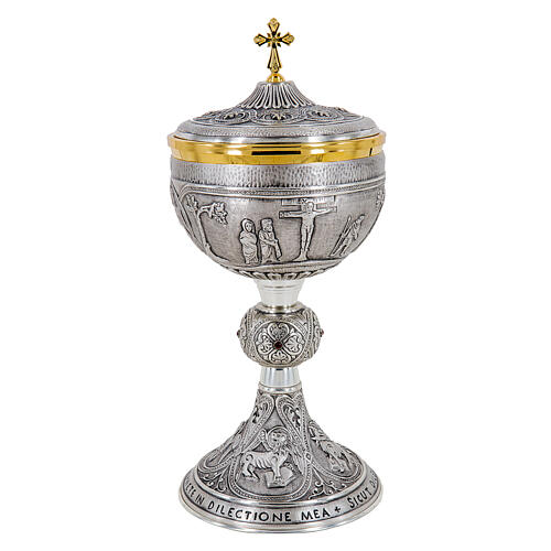 Brass chalice ciborium and paten Crucifixion Last Supper Evangelists with silver cup 3