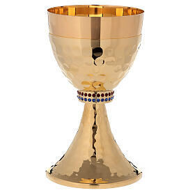 Chalice and ciborium of 24k gold plated brass with hammered base and sub-cup