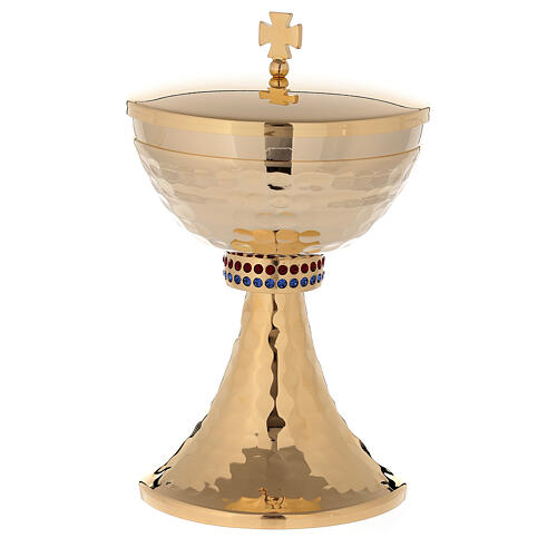 Chalice and ciborium of 24k gold plated brass with hammered base and sub-cup 4