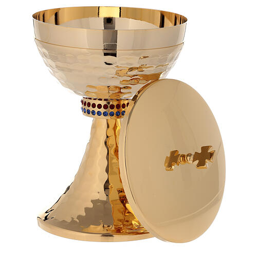Chalice and ciborium of 24k gold plated brass with hammered base and sub-cup 5