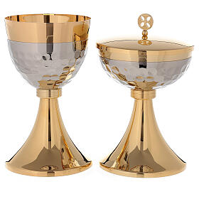 Chalice and ciborium 24-karat gold plated brass hammered cup simple node