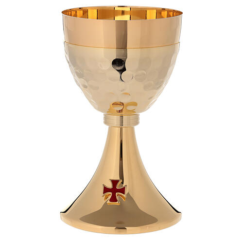 Cálice e Píxide litúrgicos latão dourado 24 K cruz esmaltada vermelha e copa martelada 2