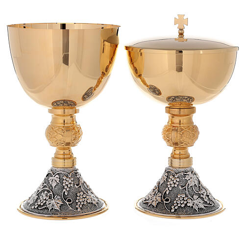 Chalice and ciborium 24-karat gold plated brass on grapes and leaves base 1