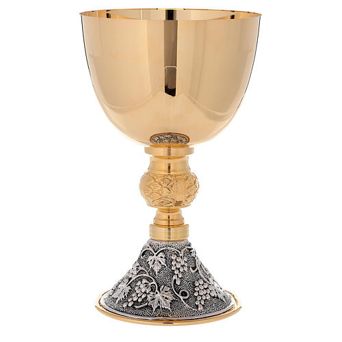 Chalice and ciborium 24-karat gold plated brass on grapes and leaves base 3