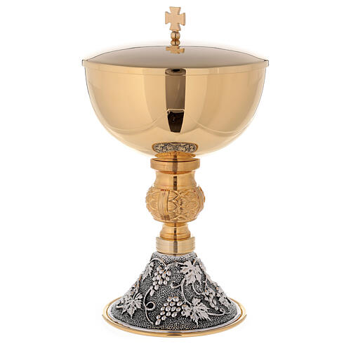 Chalice and ciborium 24-karat gold plated brass on grapes and leaves base 4