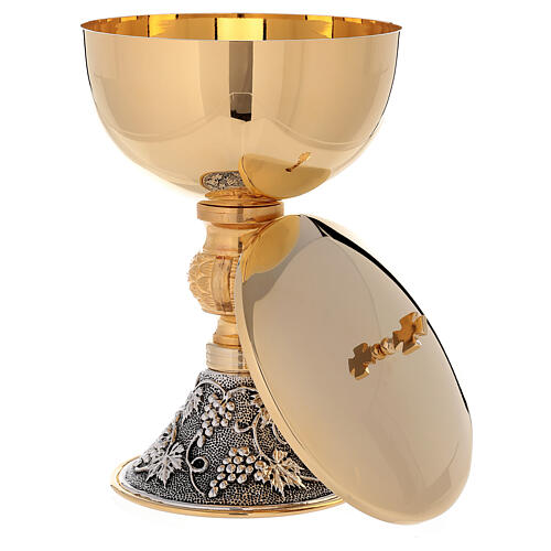 Chalice and ciborium 24-karat gold plated brass on grapes and leaves base 6