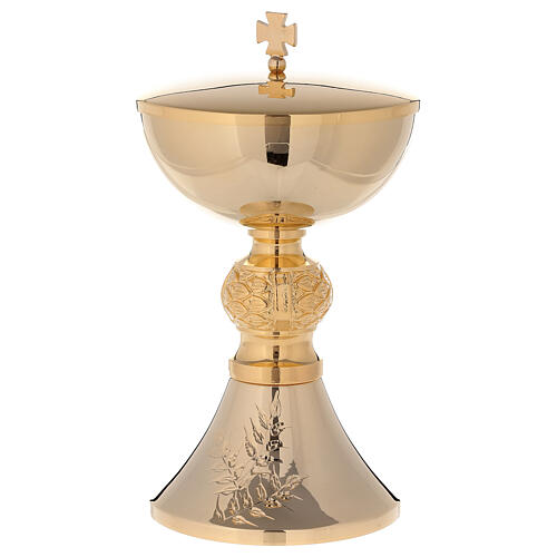 Chalice and ciborium of 24k gold plated brass with leaf pattern on diamond fnish base 4